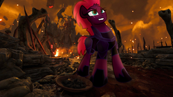 Size: 1024x576 | Tagged: safe, artist:lbrcloud, tempest shadow, pony, g4, my little pony: the movie, clothes, doom, doom 2016, female, fire, get, grin, index get, looking up, mare, rock, ruins, sky, smiling, solo, standing, video game