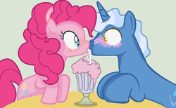 Size: 1024x630 | Tagged: safe, artist:mlplovergal18, pinkie pie, pokey pierce, earth pony, pony, unicorn, g4, base used, boop, eye contact, female, looking at each other, male, mare, milkshake, noseboop, sharing a drink, ship:pokeypie, shipping, stallion, straight, straw