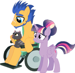 Size: 580x571 | Tagged: safe, artist:iesbeans, flash sentry, twilight sparkle, alicorn, cat, pegasus, pony, g4, disabled, facial scar, female, headcanon, male, scar, ship:flashlight, shipping, simple background, sitting, smiling, straight, transparent background, twilight sparkle (alicorn), wheelchair