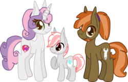 Size: 1800x1158 | Tagged: safe, artist:casanova-mew, button mash, sweetie belle, oc, oc:gem combo, earth pony, pony, unicorn, g4, alternate hairstyle, beard, facial hair, female, male, mare, offspring, older, parent:button mash, parent:sweetie belle, parents:sweetiemash, ship:sweetiemash, shipping, simple background, stallion, straight, transparent background, trio