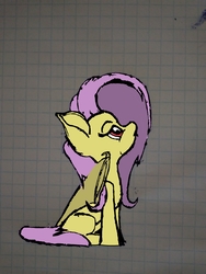 Size: 3120x4160 | Tagged: safe, artist:xmachina, artist:xmachinahot, fluttershy, bat pony, pony, g4, female, flutterbat, graph paper, lidded eyes, looking up, mare, race swap, sitting, solo