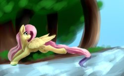 Size: 1400x860 | Tagged: safe, artist:hazardous-jackdawze, fluttershy, pegasus, pony, g4, female, looking away, looking up, mare, prone, river, riverbank, running, solo, turned head