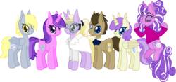 Size: 3334x1558 | Tagged: safe, artist:casanova-mew, alula, amethyst star, derpy hooves, dinky hooves, doctor whooves, pluto, princess erroria, screwball, sparkler, time turner, alicorn, earth pony, pegasus, pony, unicorn, g4, alternate hairstyle, bisexual, bowtie, derpball, doctorderpball, female, goggles, lesbian, male, mare, older, screwhooves, ship:doctorderpy, shipping, simple background, stallion, straight, transparent background