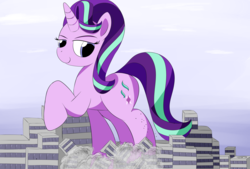 Size: 3496x2362 | Tagged: safe, artist:taurson, starlight glimmer, pony, unicorn, g4, big pony, city, commission, destruction, female, giant pony, giant starlight glimmer, high res, macro, mare, raised hoof, solo, trotting