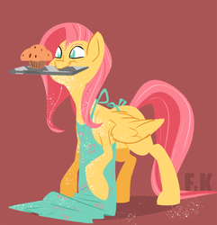Size: 1600x1658 | Tagged: safe, artist:fluttershythekind, fluttershy, pegasus, pony, g4, apron, clothes, cute, female, flour, food, mare, mouth hold, muffin, shyabetes, smiling, solo