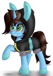 Size: 959x1365 | Tagged: safe, artist:kindny-chan, oc, oc only, oc:jack, pony, unicorn, bunny ears, clothes, costume, cute, dangerous mission outfit, female, hoodie, mare, raised hoof, rule 63, simple background, solo, transparent background