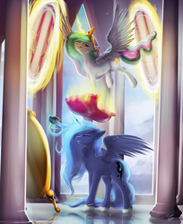 Size: 1600x1962 | Tagged: safe, artist:mechagen, princess celestia, princess luna, alicorn, pony, g4, duo, glowing, glowing horn, horn, magic, morning ponies, now you're thinking with portals, pillow, portal, prank, signature, telekinesis