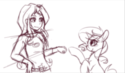 Size: 800x468 | Tagged: safe, artist:phyllismi, sunset shimmer, human, pony, equestria girls, g4, my little pony equestria girls: legend of everfree, cute, fist bump, hoofbump, human ponidox, looking at each other, self ponidox, shimmerbetes, sketch