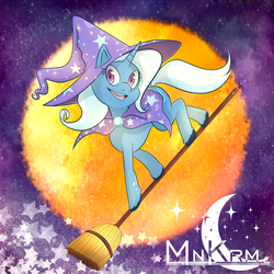 Size: 900x900 | Tagged: safe, artist:mnkrm, trixie, pony, unicorn, g4, broom, female, flying, flying broomstick, mare, smiling, solo