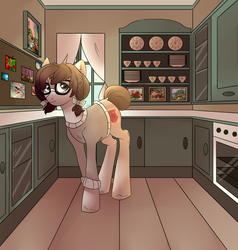 Size: 3894x4093 | Tagged: safe, artist:worldlofldreams, oc, oc only, earth pony, pony, bow, clothes, female, glasses, hair bow, kitchen, mare, solo, sweater