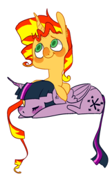 Size: 978x1507 | Tagged: safe, artist:pizzakladd, sunset shimmer, twilight sparkle, alicorn, pony, unicorn, g4, curved horn, cute, eyes closed, female, horn, lesbian, prone, ship:sunsetsparkle, shipping, simple background, sleeping, snuggling, transparent background, twiabetes, twilight sparkle (alicorn)