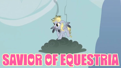 Size: 720x405 | Tagged: safe, edit, edited screencap, screencap, derpy hooves, g4, the last roundup, female, image macro, meme, pink text, solo