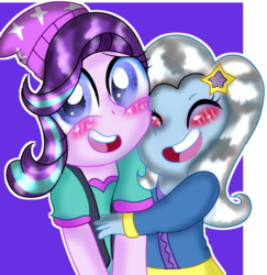 Size: 725x745 | Tagged: safe, artist:doraemonfan4life, starlight glimmer, trixie, equestria girls, g4, beanie, female, hat, lesbian, ship:startrix, shipping