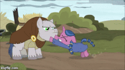 Size: 360x202 | Tagged: safe, edit, edited screencap, screencap, bell tolls, little violet, earth pony, pony, unicorn, g4, season 7, shadow play, animated, bell, braid, braided ponytail, braided tail, cartoon violence, circling stars, clothes, dazed, derp, dizzy, dress, faic, female, filly, floppy ears, frown, gif, glare, gritted teeth, hitting, home sweet pineapple, hoof hold, hunchback, male, mismatched eyes, pushing, quasimodo, robe, sitting, slapstick, stallion, the hunchback of notre dame, unamused, wide eyes