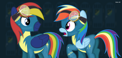 Size: 2250x1080 | Tagged: safe, artist:noah-x3, rainbow dash, oc, oc:lightning, pegasus, pony, g4, butt, clothes, goggles, male, plot, raised hoof, show accurate, stallion, uniform, wonderbolts uniform