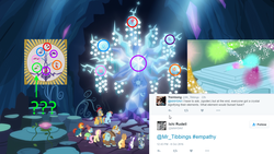 Size: 1366x768 | Tagged: safe, edit, edited screencap, screencap, applejack, flash magnus, fluttershy, meadowbrook, mistmane, pinkie pie, rainbow dash, rarity, rockhoof, star swirl the bearded, sunburst, tree of harmony, twilight sparkle, earth pony, pony, equestria girls, g4, my little pony equestria girls: legend of everfree, shadow play, elements of harmony, mane six, meta, seventh element, text, twitter