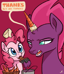 Size: 2400x2800 | Tagged: safe, artist:docwario, pinkie pie, tempest shadow, earth pony, pony, unicorn, g4, my little pony: the movie, bowl, broken horn, bucket, carrot, fake horn, female, food, high res, horn, mare, paintbrush, tape, tempest gets her horn back