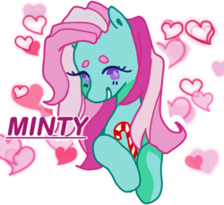 Size: 502x459 | Tagged: safe, artist:milky-rabbit, minty, earth pony, pony, g3, candy, female, food, grin, heart, mare, smiling, solo