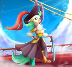 Size: 1871x1742 | Tagged: safe, artist:the-butch-x, captain celaeno, bird, ornithian, anthro, g4, my little pony: the movie, clothes, cloud, ear piercing, earring, female, hat, jewelry, looking at you, piercing, pirate, pirate hat, pirate ship, sky, solo, sword, weapon