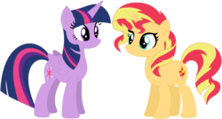 Size: 1024x549 | Tagged: safe, artist:ra1nb0wk1tty, sunset shimmer, twilight sparkle, alicorn, pony, unicorn, g4, equestria girls ponified, ponified, simple background, transparent background, twilight sparkle (alicorn)
