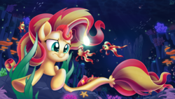 Size: 3840x2160 | Tagged: safe, artist:pirill, derpy hooves, sunset shimmer, angler fish, fish, seapony (g4), tropical fish, unicorn, eqg summertime shorts, g4, my little pony: the movie, pet project, bioluminescent, bubble, confused, coral, cute, dopefish, eye contact, female, fish tail, flowing mane, flowing tail, frown, glare, glowing, green eyes, grumpy, high res, horn, looking at each other, mare, movie accurate, not fiery shimmer, ocean, raised eyebrow, scales, seaponified, seapony sunset, seaquestria, seaweed, solo, species swap, sunset fish, sunset shimmer day, surrounded, swimming, tail, underhoof, underwater, water, worried