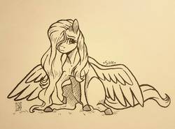 Size: 1798x1330 | Tagged: safe, artist:micky-ann, fluttershy, pegasus, pony, crosshatch, female, hair over one eye, inktober, inktober 2017, looking sideways, raised hoof, shy, simple background, sitting, solo, spread wings, stray strand, traditional art, wings, wings down
