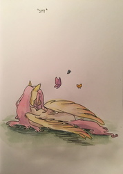 Size: 2876x4032 | Tagged: safe, artist:thatoneartistchick, fluttershy, butterfly, g4, female, ink, inktober, inktober 2017, lying down, on side, rear view, solo, traditional art, watercolor painting, wings