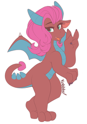 Size: 2251x3177 | Tagged: safe, artist:kribbles, idw, mina, dragon, g4, claws, dragon wings, dragoness, fangs, female, high res, horns, looking at you, open mouth, peace sign, simple background, smiling, solo, spread wings, white background, wings