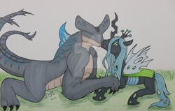 Size: 1024x651 | Tagged: safe, artist:ladynin-chan, queen chrysalis, changeling, kaiju, g4, crossover, crossover shipping, pacific rim, shipping, slattern, traditional art, watermark