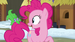 Size: 1280x720 | Tagged: safe, screencap, gummy, pinkie pie, pony, g4, not asking for trouble, biting, tail bite