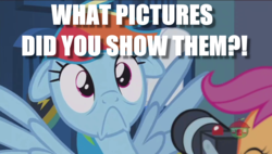 Size: 1920x1090 | Tagged: safe, edit, edited screencap, screencap, rainbow dash, scootaloo, g4, parental glideance, camera, floppy ears, image macro, meme, shocked, treehouse logo