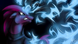 Size: 1920x1080 | Tagged: safe, artist:spacesheep-art, tempest shadow, pony, unicorn, g4, my little pony: the movie, armor, black background, broken horn, electricity, electricity magic, eye scar, female, gritted teeth, horn, lightning, magic, mare, scar, signature, simple background, solo, sparking horn, wallpaper