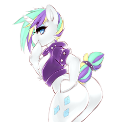 Size: 900x925 | Tagged: safe, artist:tolsticot, rarity, pony, unicorn, semi-anthro, g4, it isn't the mane thing about you, alternate hairstyle, bottomless, butt, cheek fluff, chest fluff, clothes, female, looking at you, looking back, looking back at you, mare, partial nudity, plot, punk, raripunk, rearity, short hair, simple background, solo, white background