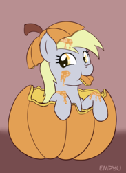 Size: 733x1000 | Tagged: safe, artist:empyu, derpy hooves, pegasus, pony, g4, 30 minute art challenge, eating, female, herbivore, horses doing horse things, pumpkin, smiling, solo
