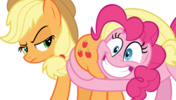 Size: 2000x1138 | Tagged: safe, artist:phucknuckl, edit, edited screencap, screencap, applejack, pinkie pie, earth pony, pony, g4, shadow play, applebutt, applejack is not amused, big grin, butt touch, butthug, cowboy hat, duo, faceful of ass, female, freckles, great moments in animation, grin, hat, hug, looking back, mare, pinkie hugging applejack's butt, simple background, smiling, stetson, the ass was fat, transparent background, unamused, vector