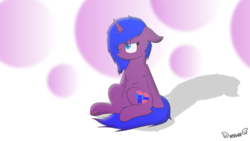 Size: 2600x1463 | Tagged: safe, artist:kiwipone, oc, oc only, oc:midnight, pony, unicorn, alternate artstyle, colored pupils, cute, drawn by mouse, female, floppy ears, frog (hoof), gift art, mare, one eye closed, shading, simple background, sitting, smiling, solo, underhoof