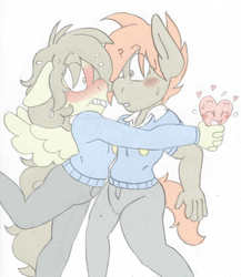 Size: 1645x1893 | Tagged: safe, artist:blackbewhite2k7, button mash, featherweight, anthro, g4, awkward moment, blushing, clothes, feathermash, femboy, gay, heart, in a heartbeat, male, reference, school uniform, shipping, trap