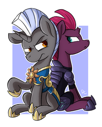 Size: 1067x1328 | Tagged: safe, artist:deadlycomics, tempest shadow, oc, oc:scope, pony, unicorn, g4, my little pony: the movie, armor, broken horn, female, horn, male, mare, royal guard armor, scowl, simple background, stallion