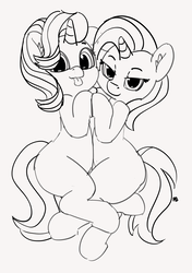Size: 2541x3600 | Tagged: safe, artist:pabbley, starlight glimmer, trixie, pony, unicorn, g4, :p, bedroom eyes, cuddling, cute, diatrixes, female, glimmerbetes, high res, lesbian, looking at you, missing cutie mark, mlem, monochrome, ship:startrix, shipping, silly, smiling, tongue out