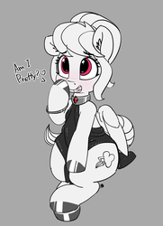 Size: 3687x5087 | Tagged: safe, artist:pabbley, rainbow dash, pegasus, pony, g4, alternate hairstyle, blushing, bracelet, clothes, cute, dashabetes, dialogue, dress, ear fluff, female, gray background, grayscale, heart, hoof polish, jewelry, mare, monochrome, necklace, open mouth, partial color, rainbow dash always dresses in style, simple background, solo