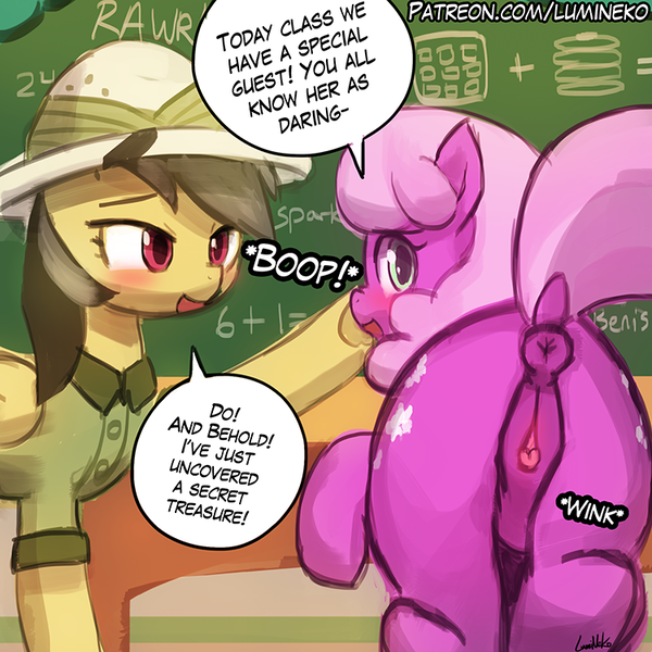 Cheerilee - 1555941 - explicit, artist:lumineko, cheerilee, daring do, earth pony,  pegasus, pony, anatomically correct, anus, boop, butt, clitoris, clothes,  cute, cute porn, darilee, dialogue, dock, duo, duo female, female,  flowerbutt, mare, nudity, plot,