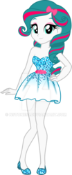 Size: 400x965 | Tagged: safe, artist:nstone53, oc, oc only, oc:pinkie rose, equestria girls, g4, bow, clothes, curly hair, dress, equestria girls-ified, female, hair bow, hand on hip, looking at you, pose, sequins, shoes, simple background, smiling, solo, transparent background, watermark