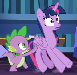 Size: 917x894 | Tagged: safe, screencap, spike, twilight sparkle, alicorn, dragon, pony, g4, once upon a zeppelin, butt touch, cropped, hand on butt, pushing, rump push, twilight sparkle (alicorn)
