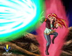 Size: 3850x2975 | Tagged: dead source, safe, artist:penspark, sunset shimmer, human, g4, aura, clothes, commission, crossover, dragon ball, dragon ball z, female, high res, humanized, kaio-ken, kamehameha, one-handed kamehameha, solo