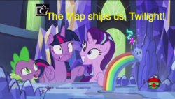 Size: 640x363 | Tagged: safe, artist:sanluris, edit, edited screencap, screencap, spike, starlight glimmer, twilight sparkle, alicorn, dragon, pony, a royal problem, g4, cutie mark, female, lesbian, map, map of equestria, rainbow, ship:twistarlight, shipper on deck, shipping, smiling, starlight shipper, treehouse logo, twilight sparkle (alicorn)