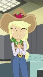 Size: 252x450 | Tagged: safe, screencap, applejack, equestria girls, equestria girls specials, g4, my little pony equestria girls: dance magic, belt, belt buckle, clothes, cowboy hat, cowgirl, cropped, cute, eyes closed, female, hat, jackabetes, jeans, pants, smiling, solo, stetson