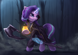 Size: 1200x850 | Tagged: safe, artist:vanillaghosties, starlight glimmer, pony, unicorn, g4, clothes, crossover, evil smile, female, fog, forest, glowing horn, grin, halloween, headless hecarim, hecarim, holiday, horn, jack-o-lantern, league of legends, magic, mare, night, outdoors, pumpkin, scythe, smiling, solo, standing, telekinesis, tree