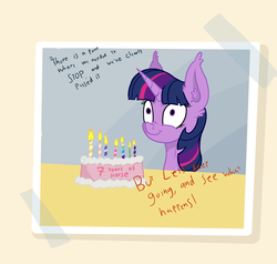 Size: 1737x1657 | Tagged: safe, artist:paskanaakka, derpibooru exclusive, twilight sparkle, pony, unicorn, g4, :t, cake, candle, ear fluff, empty eyes, female, food, happy birthday mlp:fim, mare, meme, mlp fim's seventh anniversary, no catchlights, nose wrinkle, simple background, smiling, solo, spilled milk, wide eyes