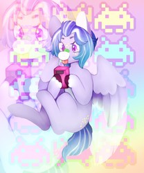 Size: 1065x1280 | Tagged: safe, artist:addie, pegasus, pony, bandaid, bandaid on nose, floating, freckles, game boy, pastel, space invaders, taito, tongue out