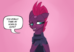 Size: 841x595 | Tagged: safe, artist:chroniqlo, tempest shadow, g4, my little pony: the movie, armor, blushing, broken horn, cute, eye scar, female, horn, lip bite, mare, scar, simple background, solo, tempestbetes